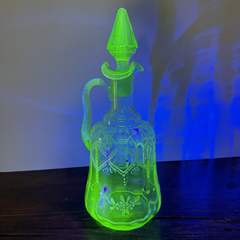 Antique  Bohemian Hand Painted Enamel Green Uranium  Decanter